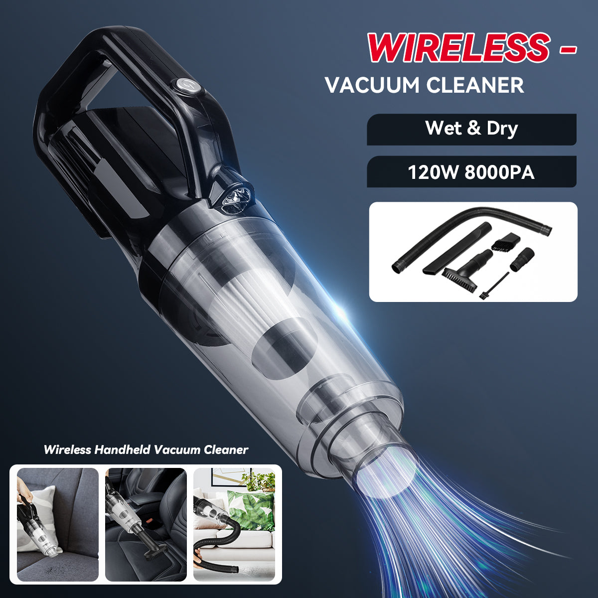 8000Pa 120W Wireless Handheld Vacuum Cleaner LED Dual-Charge Mode Wet Dry Cleaner for Home Office Cars