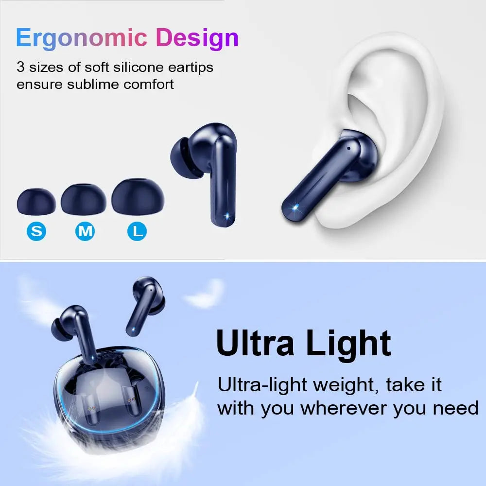 Wireless Earbuds,Bluetooth 5.3 Headphones with 4 Mic Stereo,40H Playtime Wireless Earphones,50Ms Low Latency Ear Bud,Game Mode.